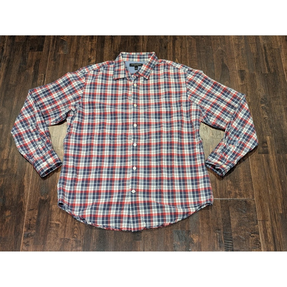 Banana Republic Shirt Mens Large Red Blue Plaid Long Sleeve Button‎ Down Casual
